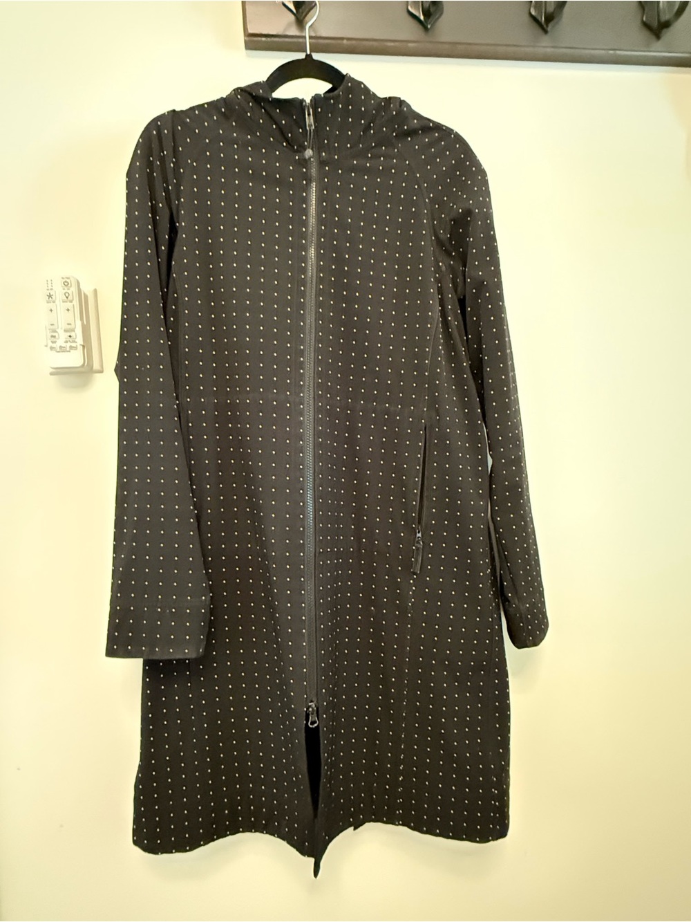 Women's Black Hooded Long Coat with Subtle Dot Pattern